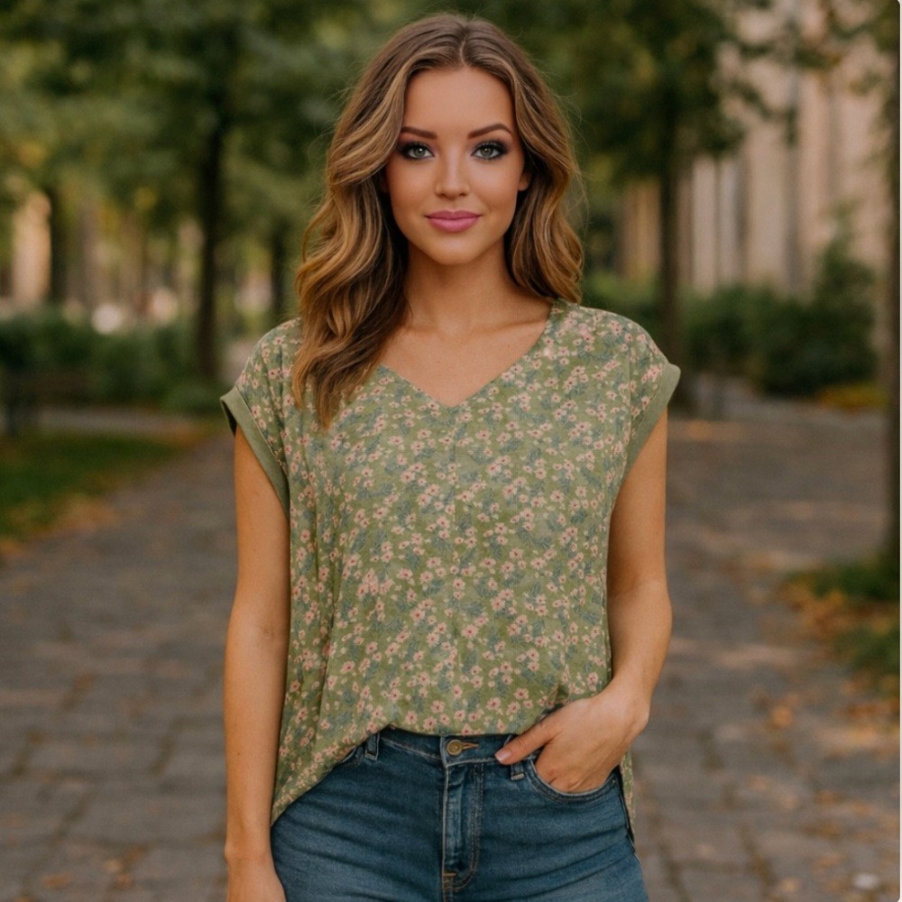 Papermoon Ditsy Micro Floral Blouse Olive Green Button Back V-Neck Size‎ S NWT